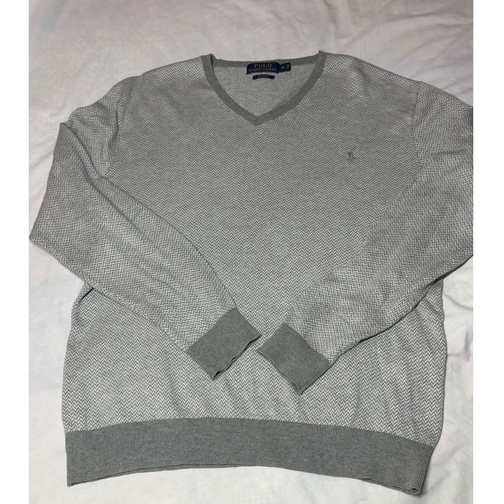 Polo Ralph Lauren Grey Herringbone Pima Cotton V-Neck Sweater Mens Medium